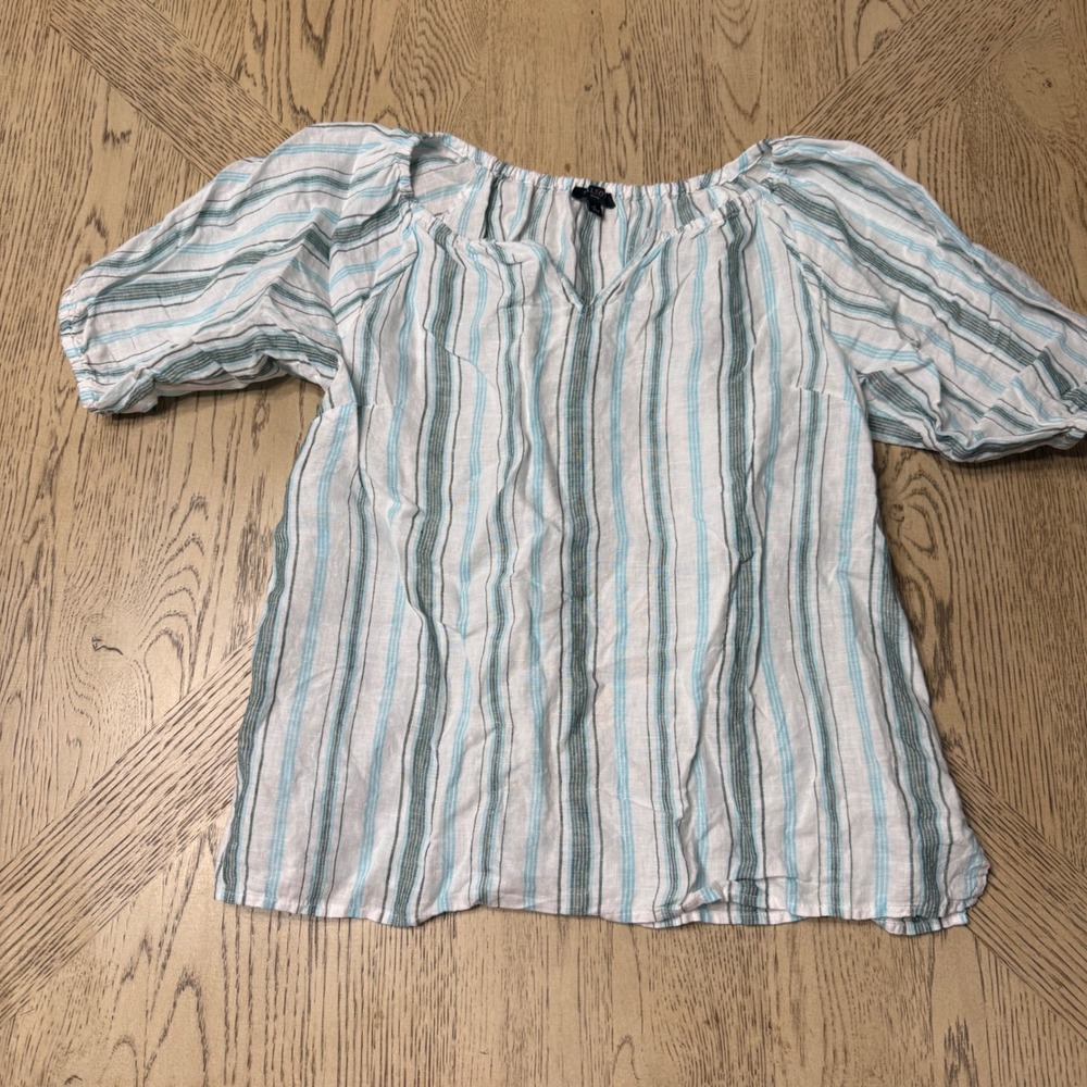 Talbots Petite Size P Striped 100% Linen Puff Sleeve V-neck Blouse Top‎